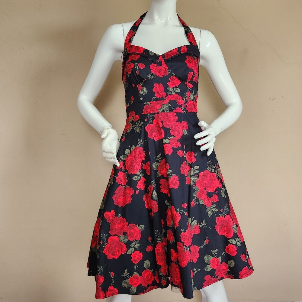 50s M style halter dress Hot Topic, black and red roses with built in crinoline